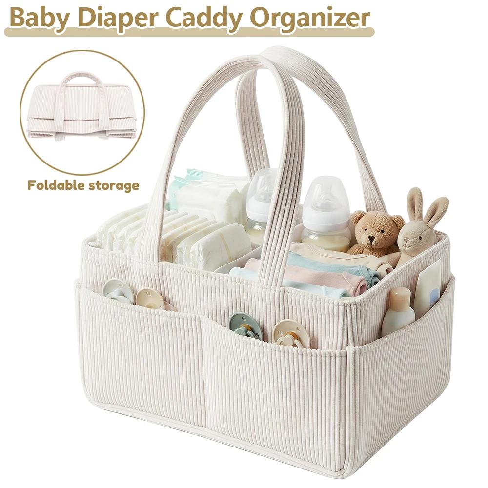 Organisateur de couches pour bébé en velours côtelé, panier de rangement pliable multi-poches avec p