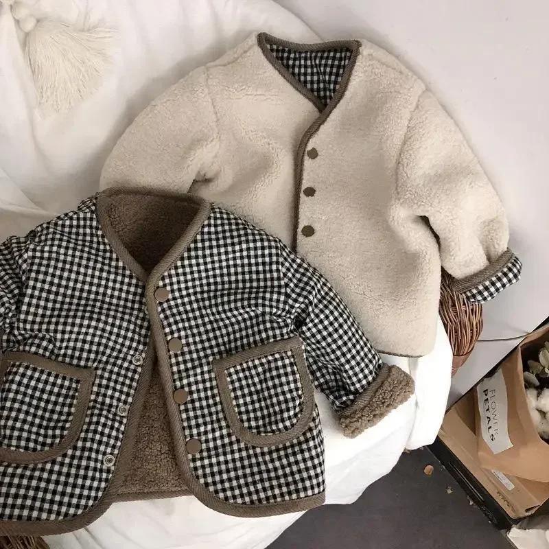 Veste chaude enfants automne hiver réversible plaid peluche - Vêtement bébé garçon fille doux et confortable