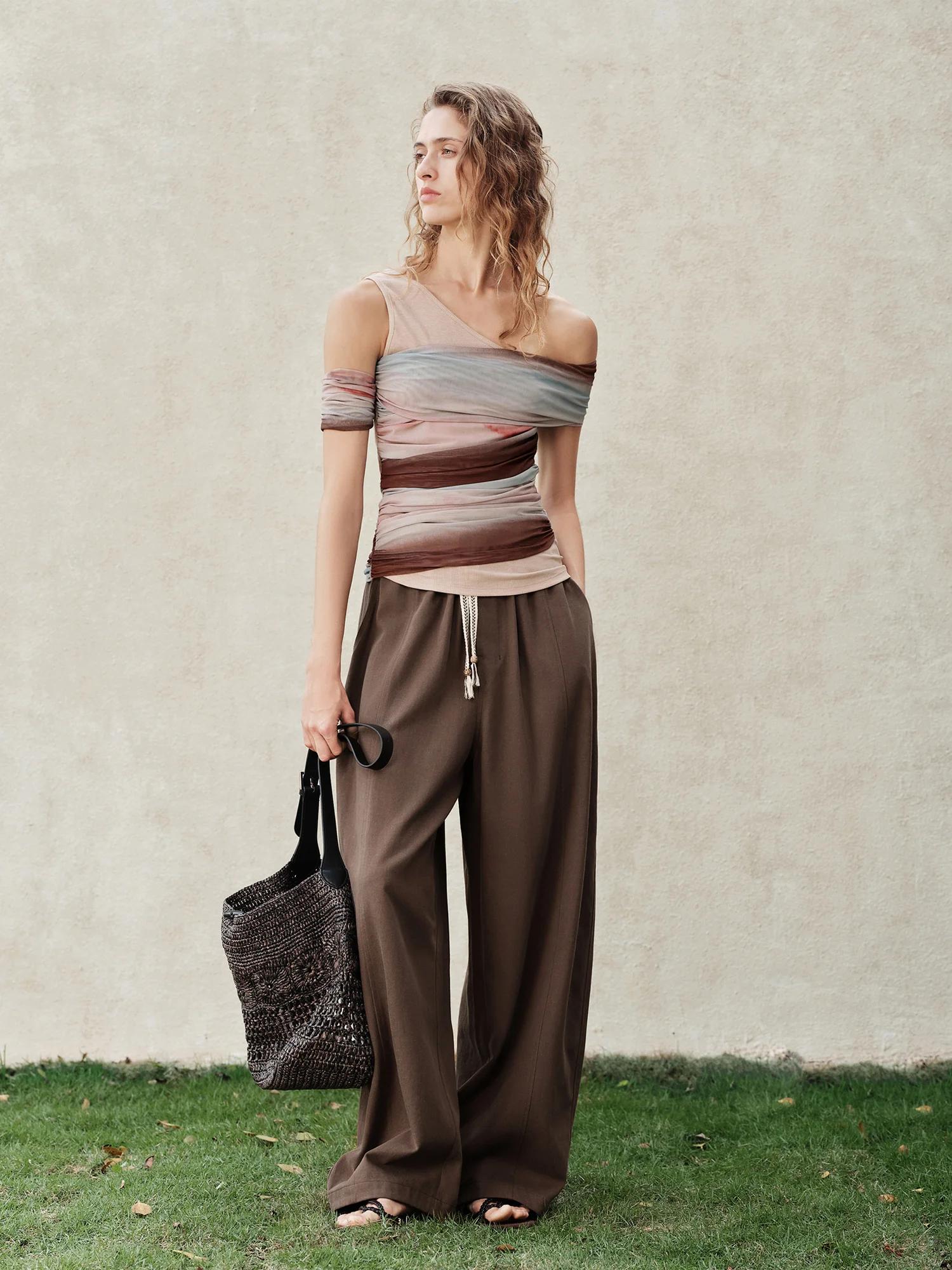 FSLE【Série Premium】T-shirt en tricot à col asymétrique et manches courtes pour femme, style rétro ét