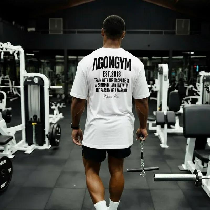 AGONGYM nouvelle tendance de la mode hommes T-shirt sport coton manches courtes chemises amples musc