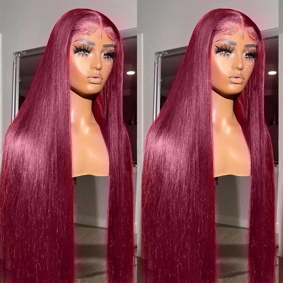 13x6 HD Transparent couleur dentelle avant perruques de cheveux humains 99J couleur bordeaux perruqu