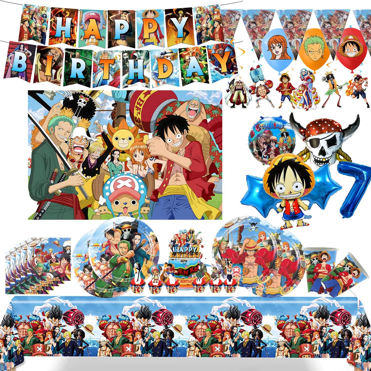 Assiettes de fête d'anniversaire One Piece, bannière suspendue, décoration de gâteau, ballons One Pi