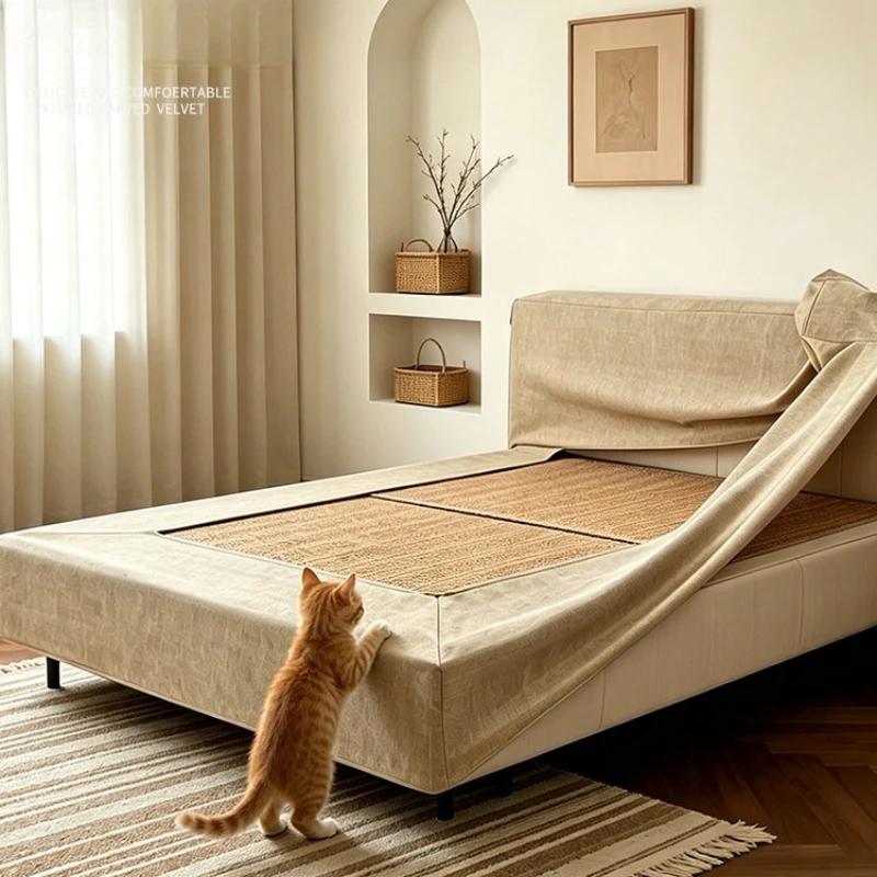 Housse de tête de lit tout-en-un, protège-matelas extensible, jupe de lit anti-rayures, anti-griffures pour chats, antidérapante, amovible, lavable, anti-poussière