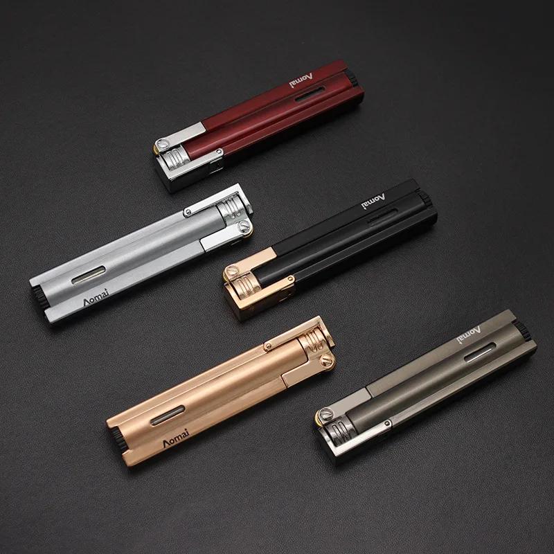 Briquet métallique à gaz rechargeable, couvercle ouvert personnalisé, longue meule, feu fixe, poinçon droit, différents styles