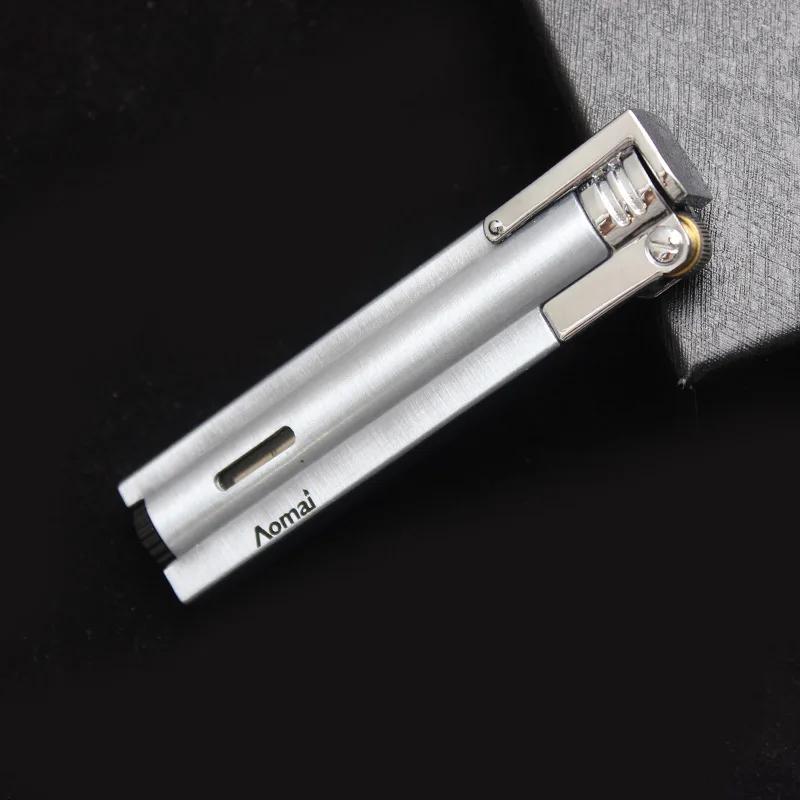 Briquet métallique à gaz rechargeable, couvercle ouvert personnalisé, longue meule, feu fixe, poinçon droit, différents styles