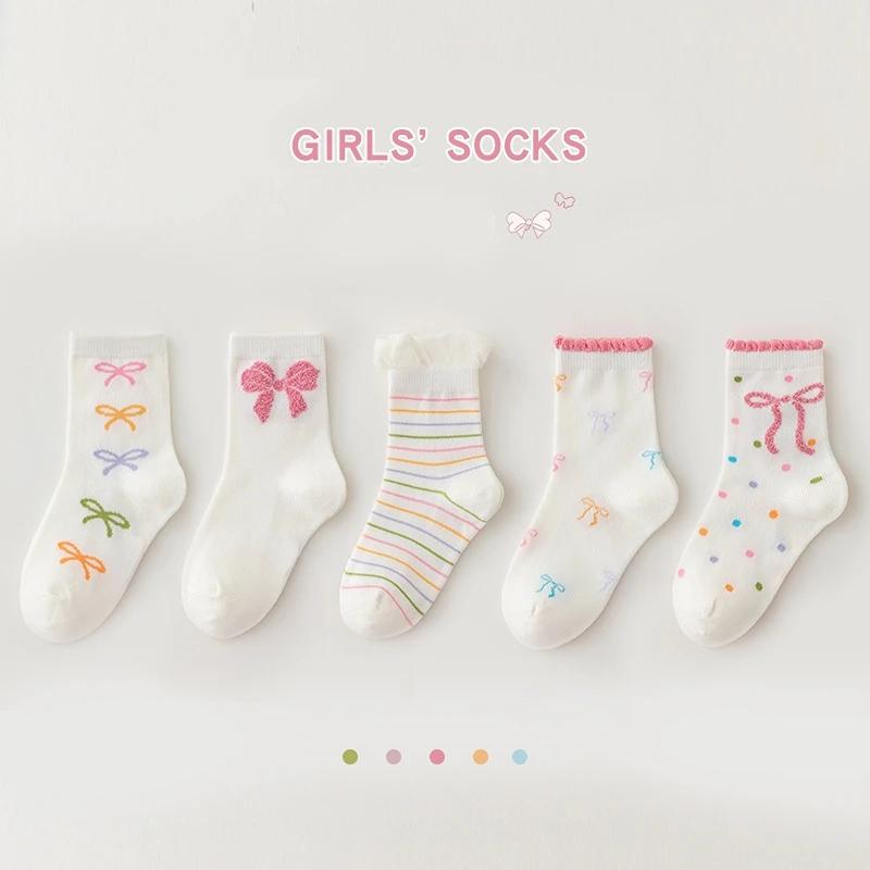 5 paires de chaussettes mi-mollet avec nœud papillon pour enfants filles