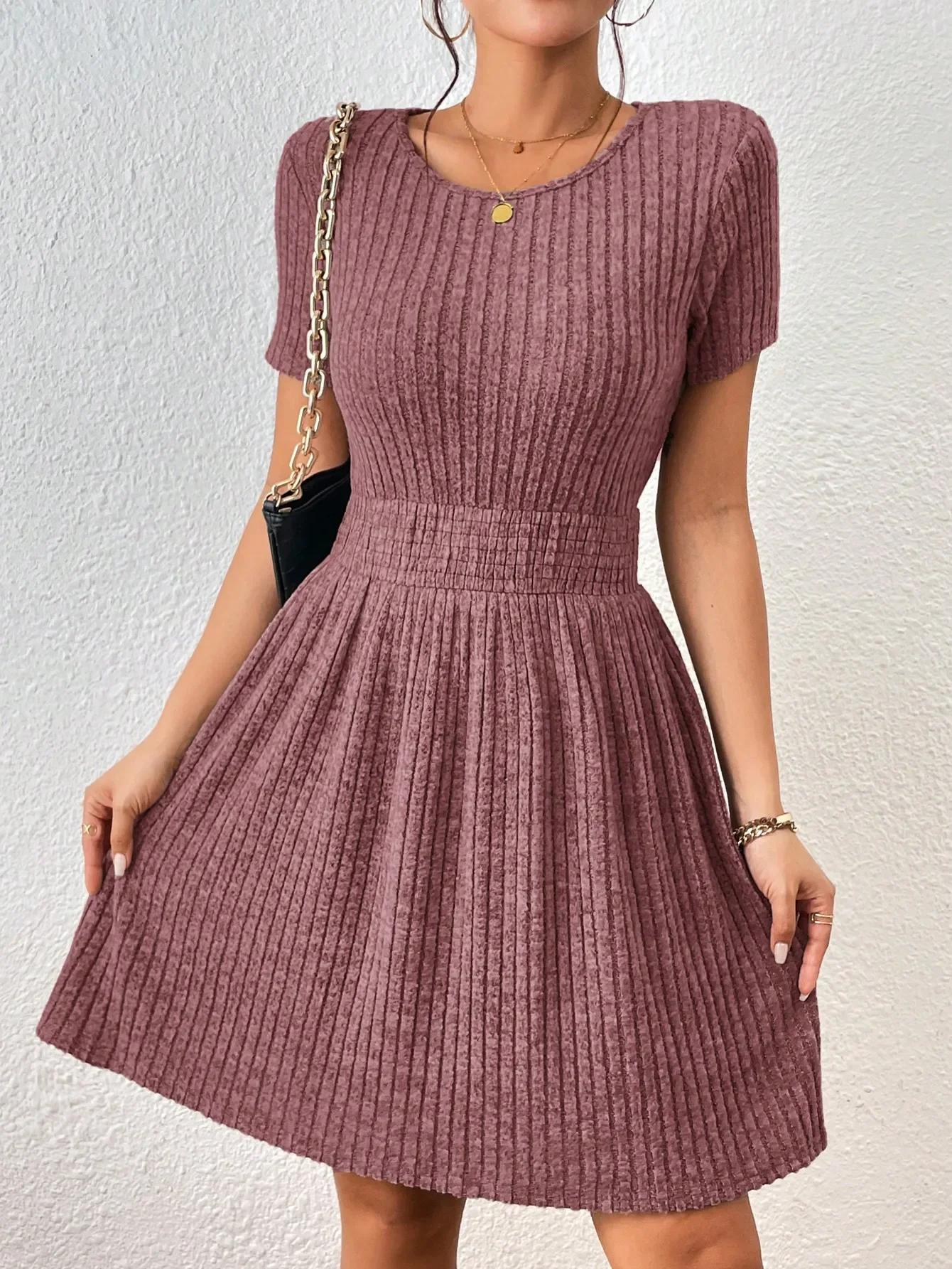 Robe trapèze côtelée unie décontractée et élégante pour femme – Nouvelle collection confortable