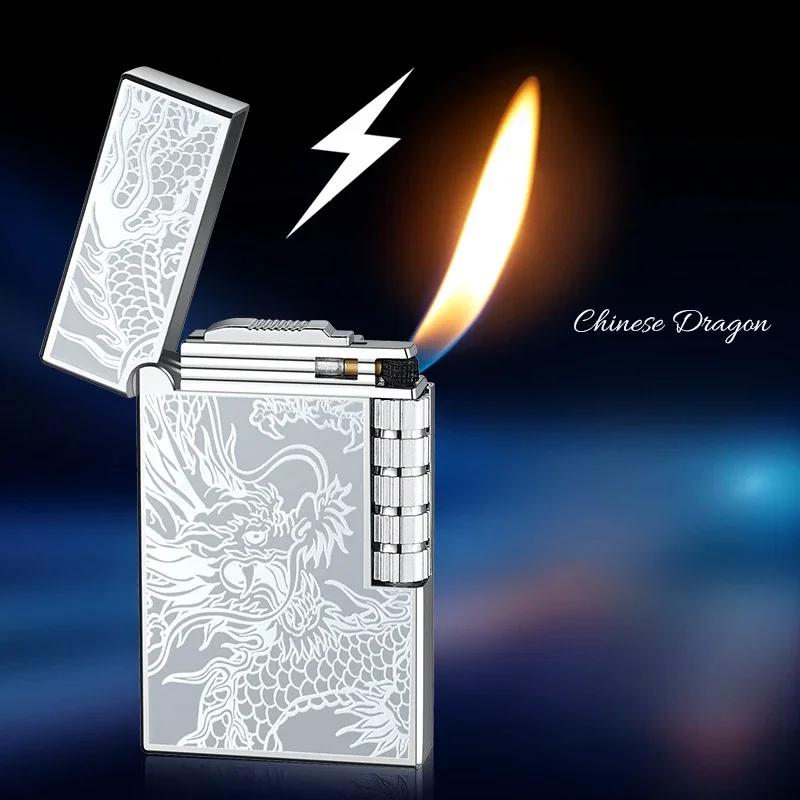 Briquet gonflable en métal et acier, son Dragon chinois, feu Oblique, poulie latérale, allumage de tuyaux de gaz Butane, cadeau pour fumer, 2024