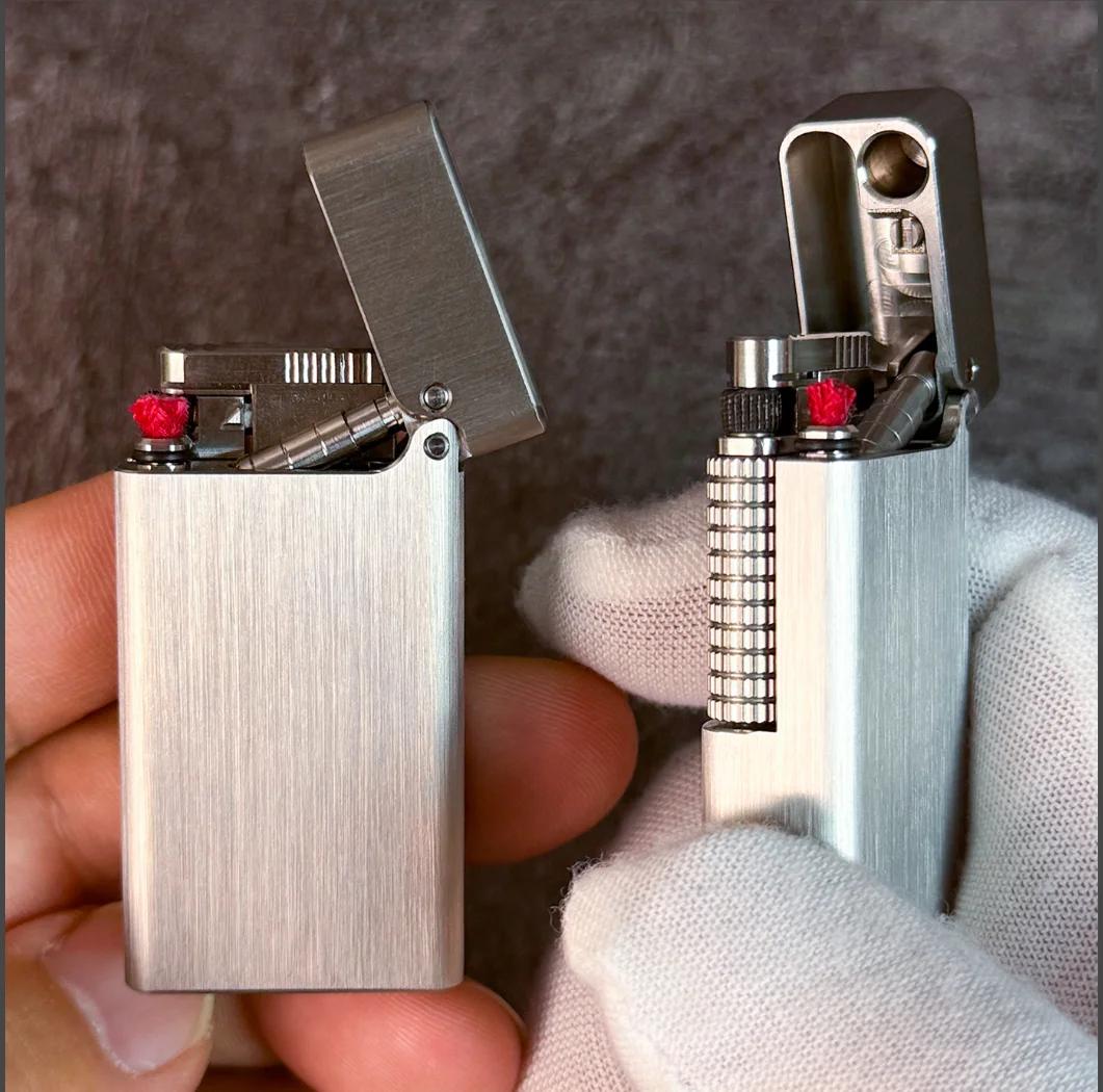 Mini briquet mécanique à liquide Kerosen e en alliage de titane – Curseur à ressort, allumage automatique, style rétro vintage