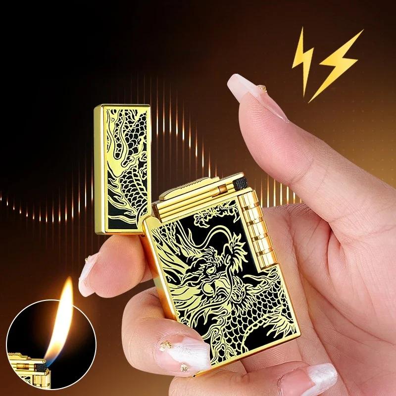 Briquet gonflable en métal et acier, son Dragon chinois, feu Oblique, poulie latérale, allumage de tuyaux de gaz Butane, cadeau pour fumer, 2024