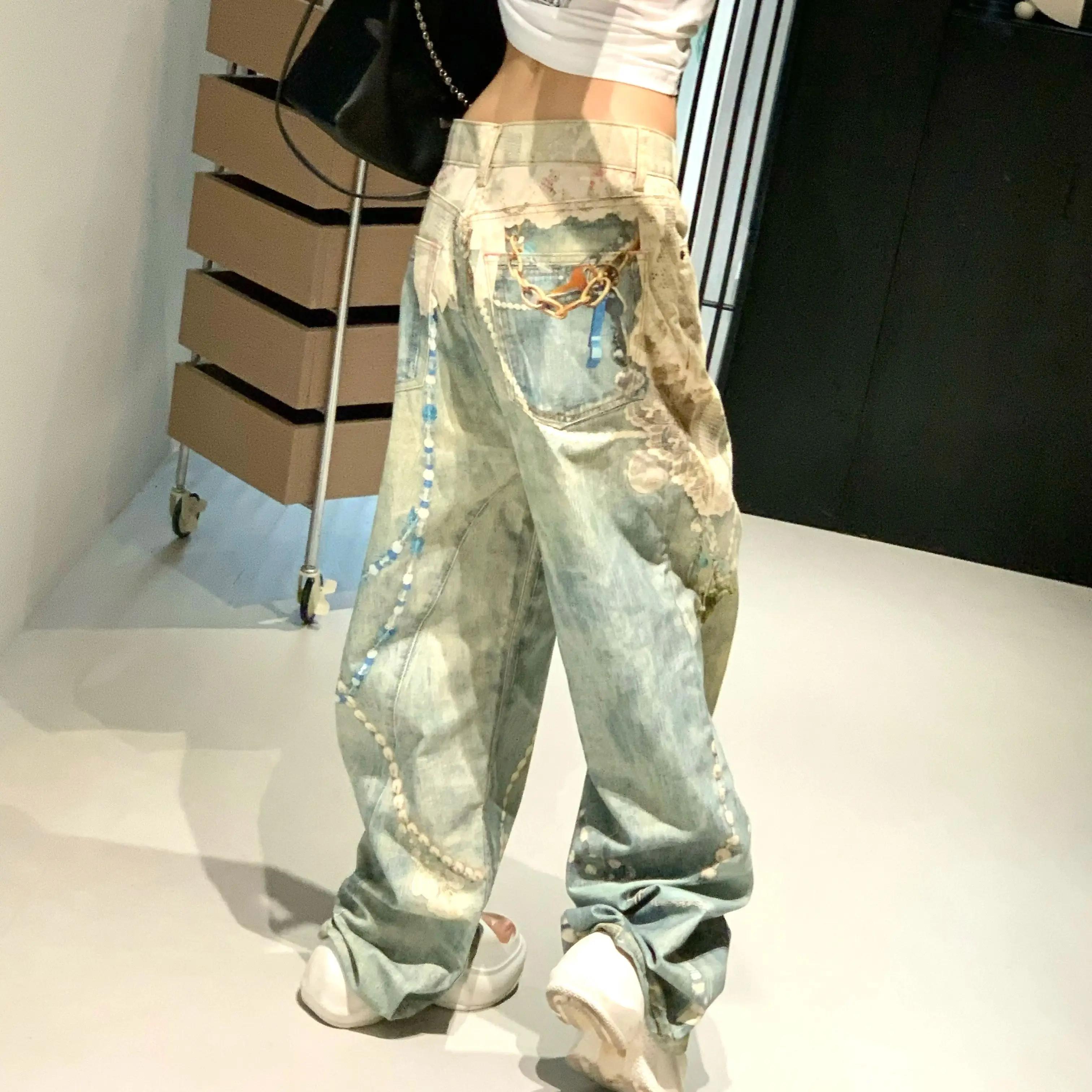 25SS dentelle perle chaîne trompe l'oeil 3D imprimé 1981 jambe droite jean pour hommes et femmes ropa hombre
