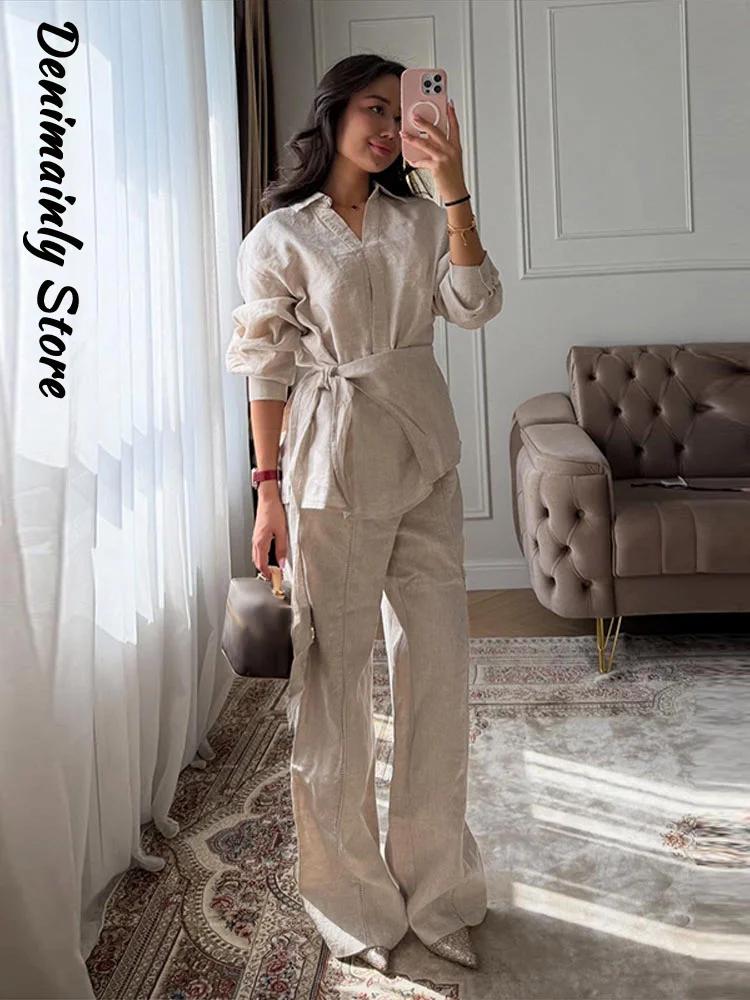 Ensemble décontracté 2 pièces en lin pour femme : chemise ample à col revers et lacets