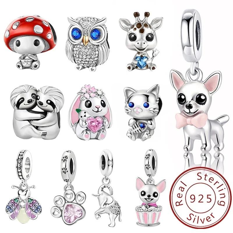 925 argent Sterling Animal haltère mignon rose chien breloques perles ajustement Bracelet à bricoler soi-même faisant