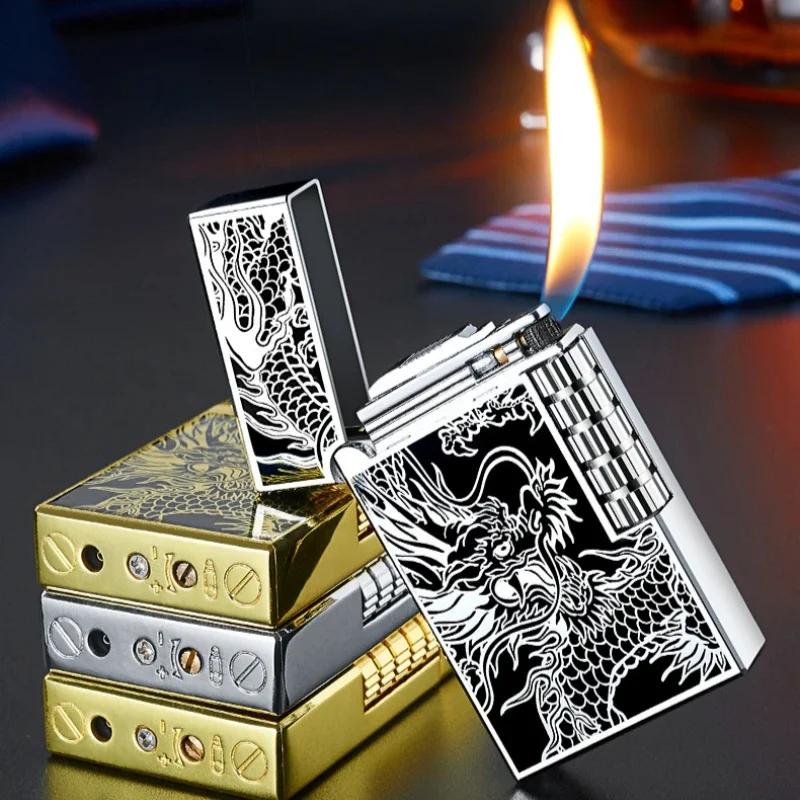 Briquet gonflable en métal et acier, son Dragon chinois, feu Oblique, poulie latérale, allumage de tuyaux de gaz Butane, cadeau pour fumer, 2024