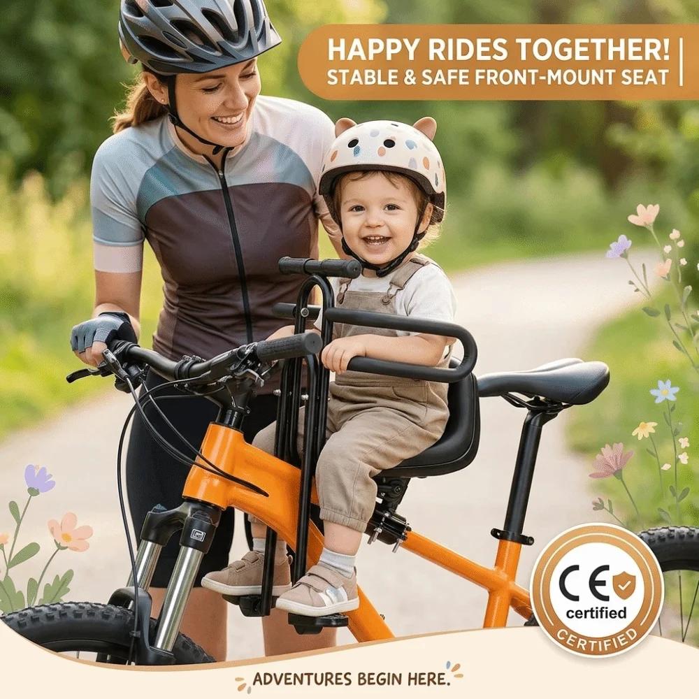 Siège enfant avant pour vélo VTT avec accoudoirs et pédales