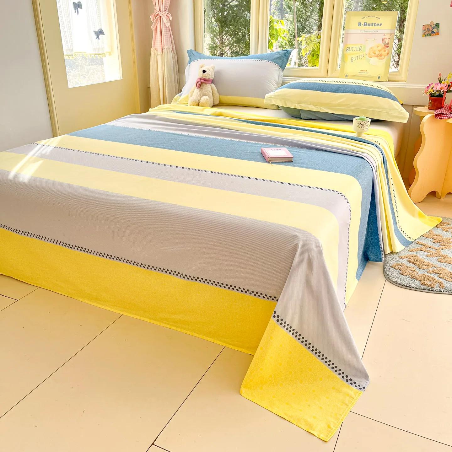 Drap de lit rayé jaune et bleu moderne 100% coton, draps plats doux et confortables, draps de lit simples et doubles pour toutes les saisons, taies d'oreiller