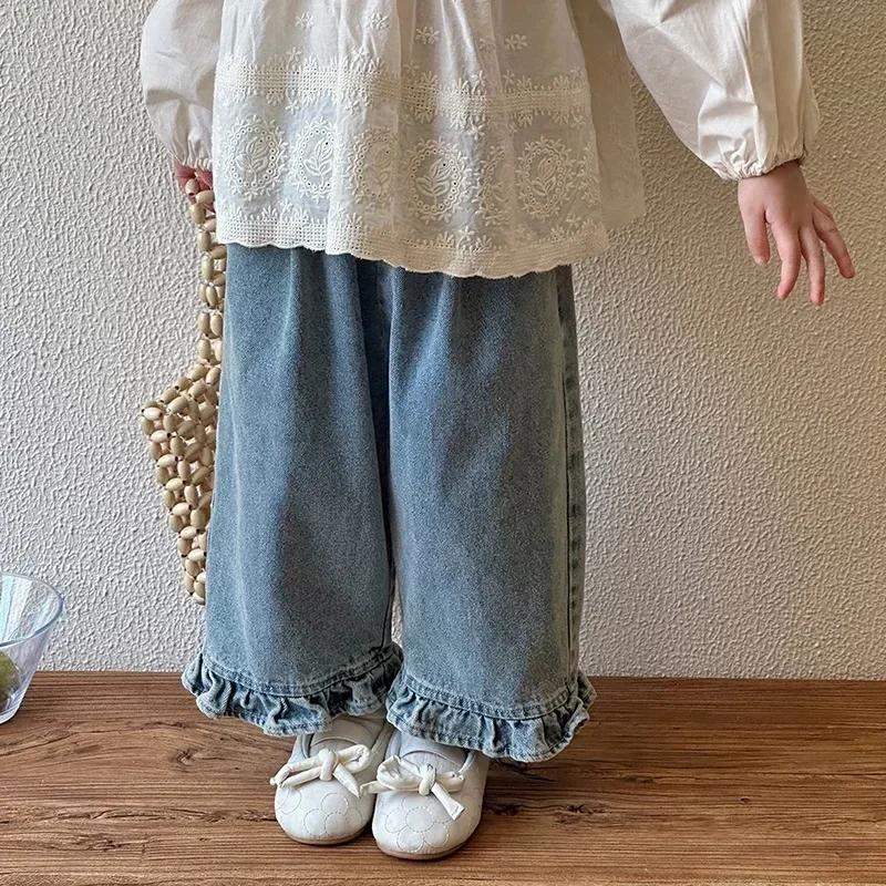 Jean jambes larges dentelle fille printemps automne 2024 - Pantalon décontracté doux adorable mode