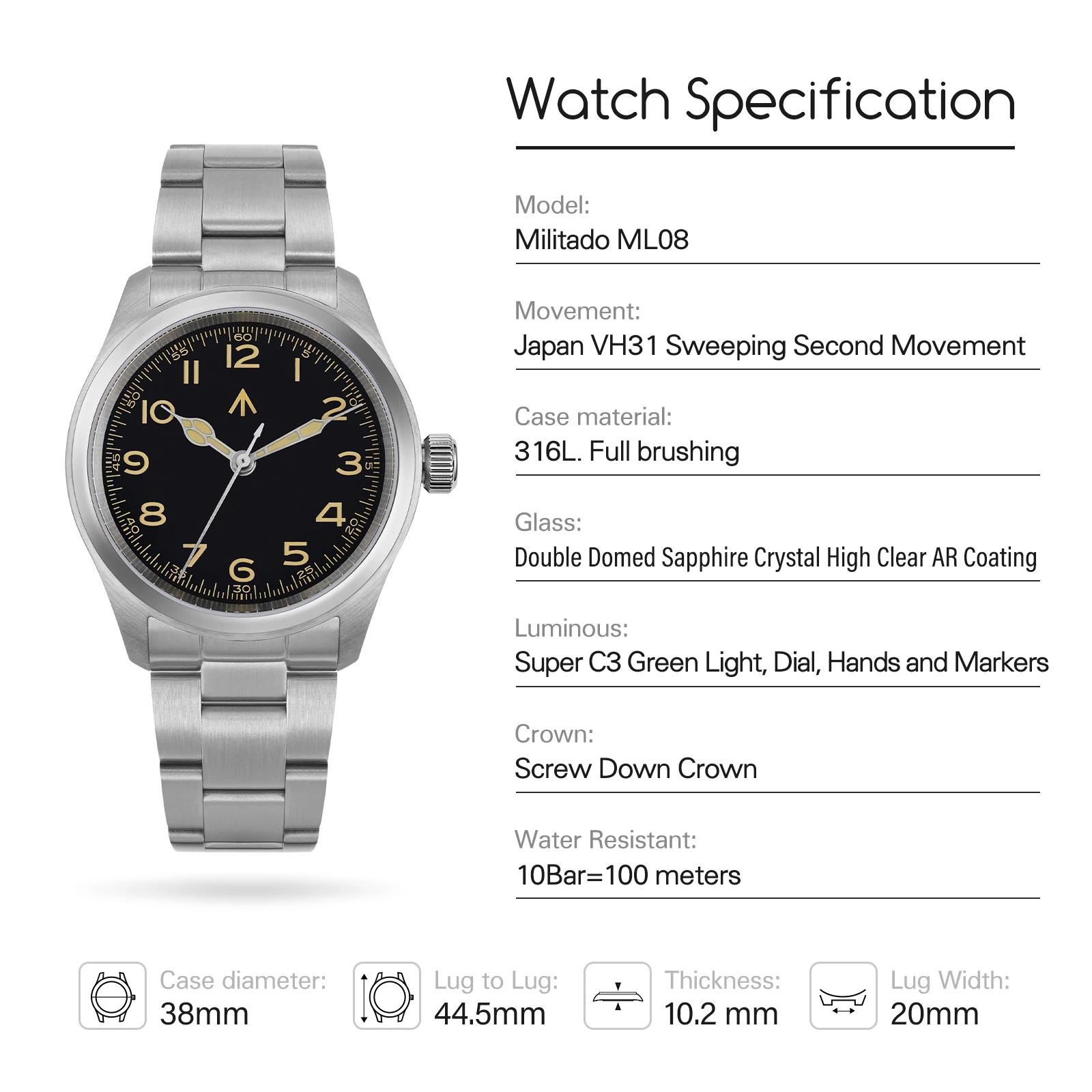 Militado ML08 montre militaire VH31 mouvement à Quartz Double cristal saphir C3 BGW9 lumineux 10Bar étanche 38mm