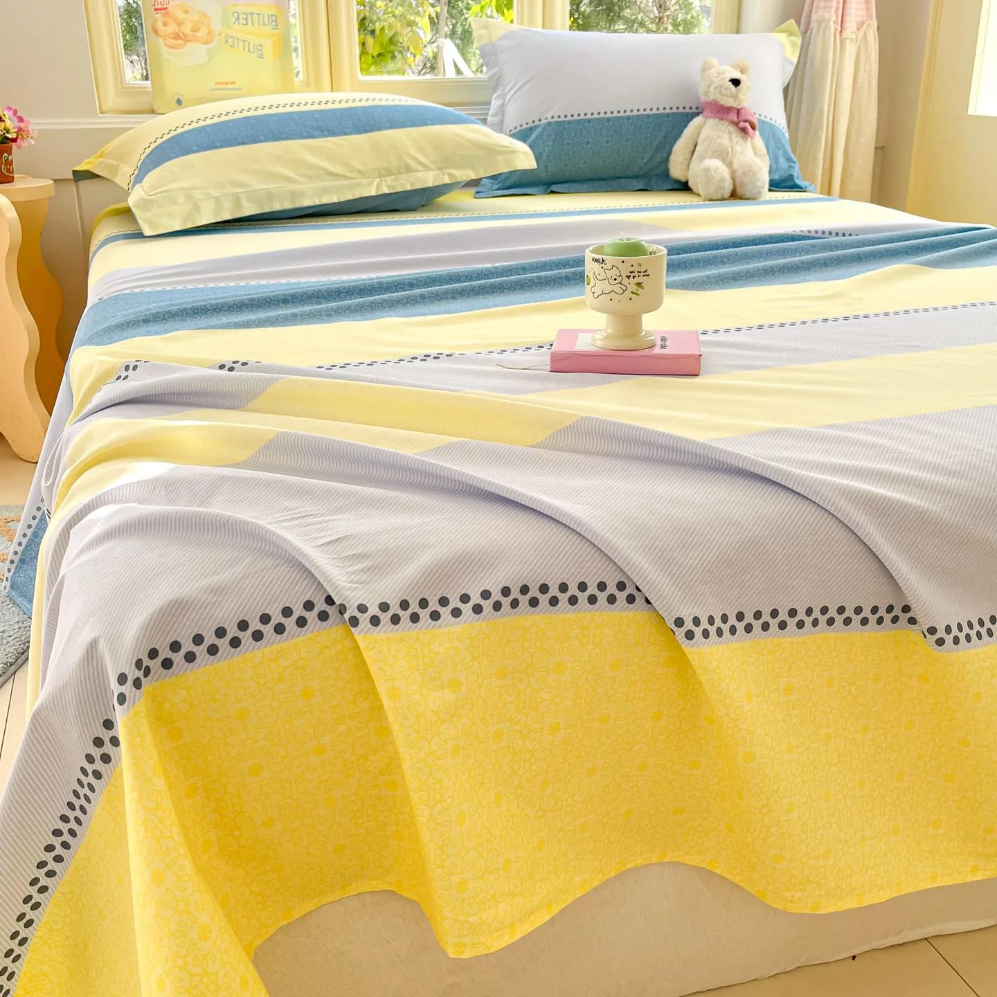 Drap de lit rayé jaune et bleu moderne 100% coton, draps plats doux et confortables, draps de lit simples et doubles pour toutes les saisons, taies d'oreiller