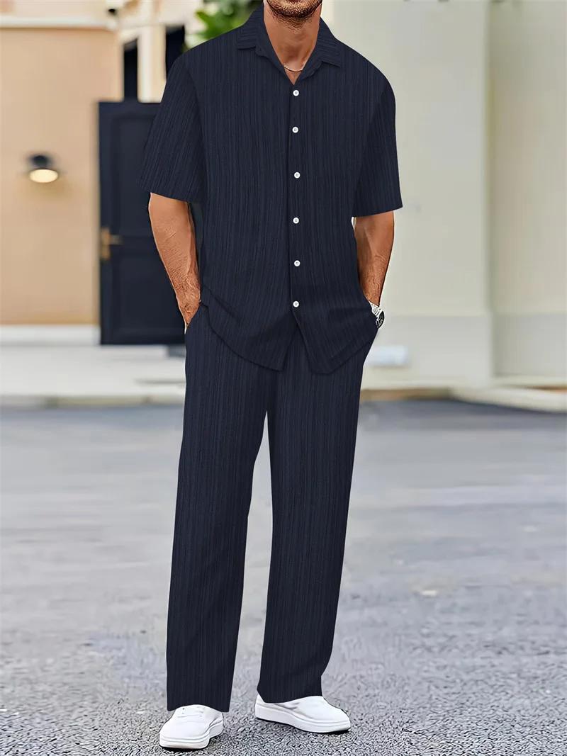 Printemps été hommes ensembles cardigan à manches courtes chemise à revers + pantalon costume