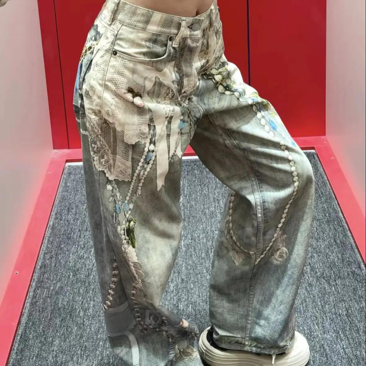 25SS dentelle perle chaîne trompe l'oeil 3D imprimé 1981 jambe droite jean pour hommes et femmes ropa hombre