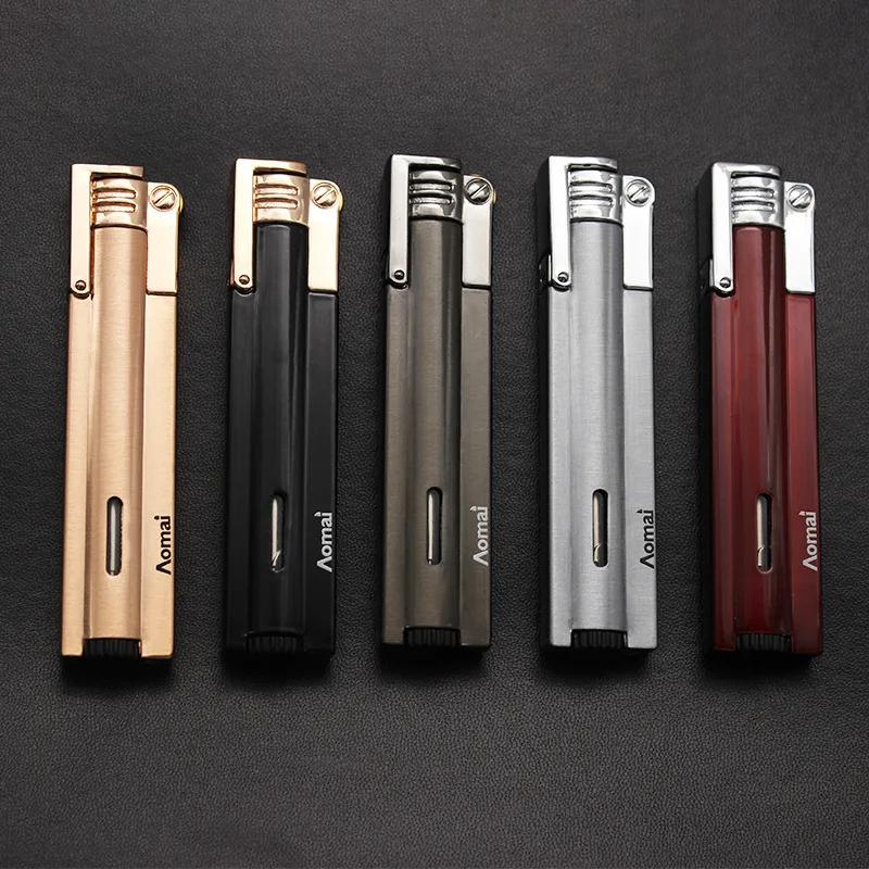 Briquet métallique à gaz rechargeable, couvercle ouvert personnalisé, longue meule, feu fixe, poinçon droit, différents styles