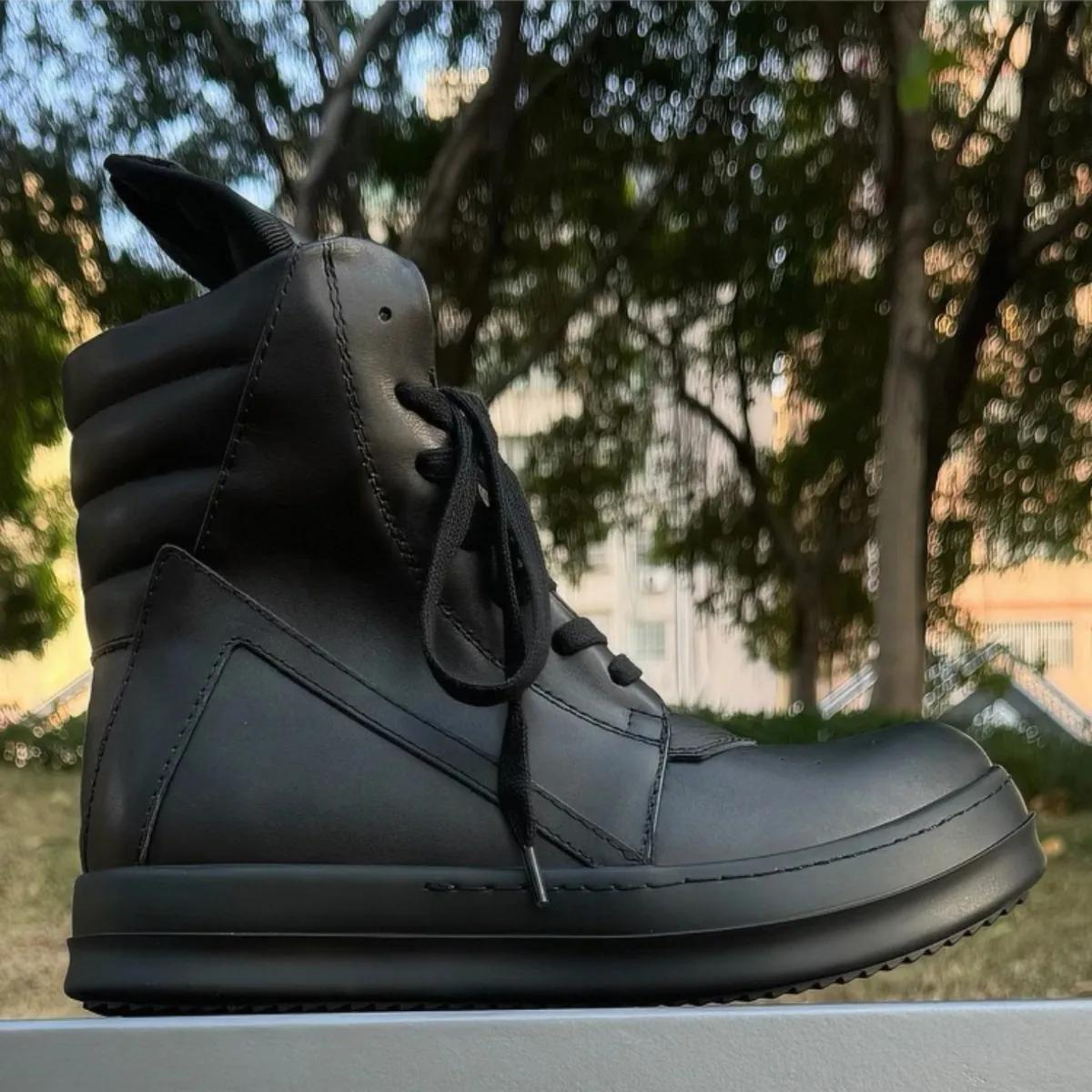 R-o baskets classiques en cuir noir chaussure haute botte noire en peau de vache hommes Sneaker fermeture éclair femmes