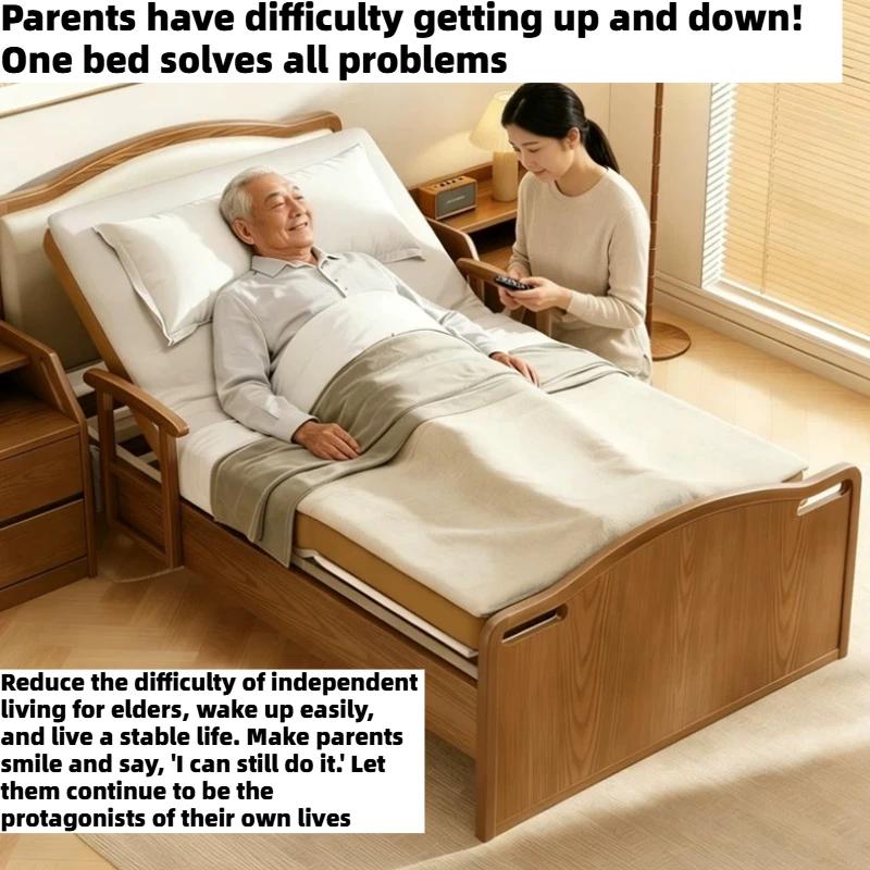 Lit d'assistance électrique en bois pour personnes âgées, lit de soins à domicile multifonctionnel réglable avec matelas et barrière de sécurité, mobilier de chambre