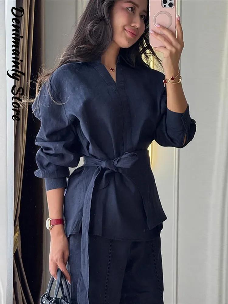 Ensemble décontracté 2 pièces en lin pour femme : chemise ample à col revers et lacets