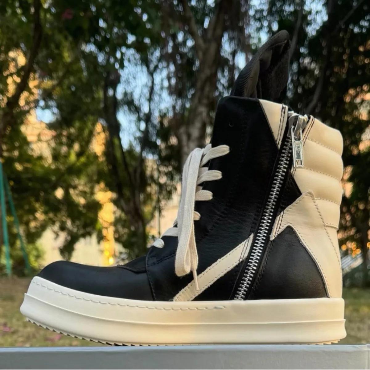 R-o baskets classiques en cuir noir chaussure haute botte noire en peau de vache hommes Sneaker fermeture éclair femmes