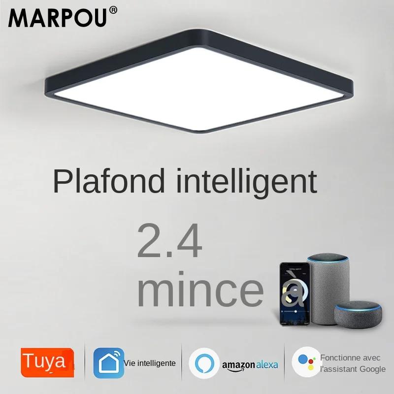 MARPOU Tuya plafonnier LED intelligent Grain de bois App commande vocale Alexa/Google télécommande plafonniers carrés sa