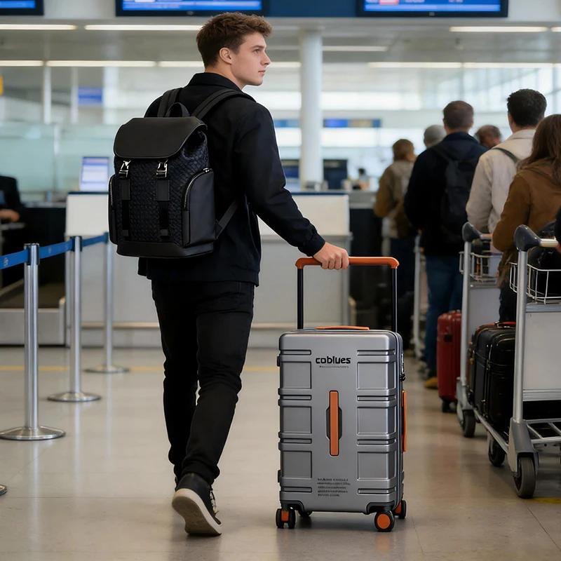 Valise à roulettes grande capacité en PC pur avec poignée large