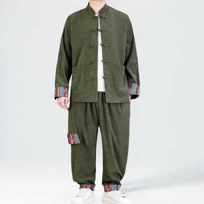 2025 hommes Style chinois rétro Tang costume hommes Patchwork velours côtelé ensemble imprimé Hanfu