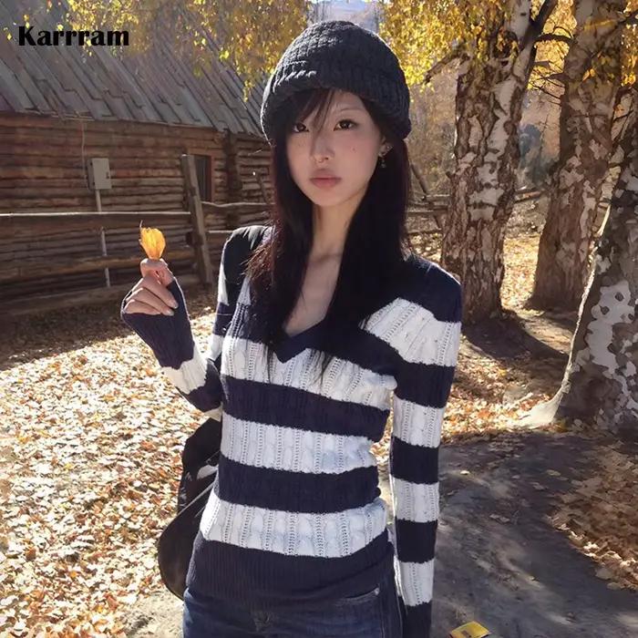 Karrram japonais Y2k col en v rayé pull Vintage Harajuku tricot mince pulls Style coréen hiver trico
