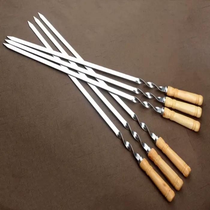 Bâton de kebab de barbecue en acier inoxydable réutilisable avec manche en bois, grands modules, out