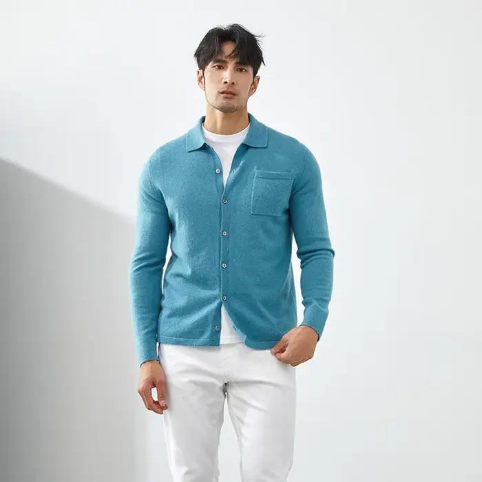 Cardigan tricoté en cachemire pour homme, couleur unie, manches longues, col POLO, veste décontracté