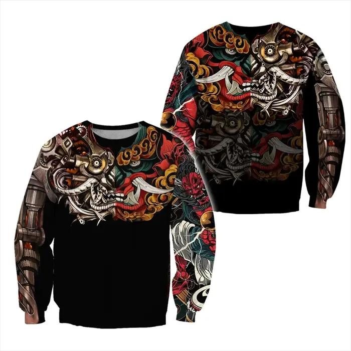 Sweat-shirt imprimé avec masque de mythologie japonaise, vêtements pour hommes, pull de rue Harajuku