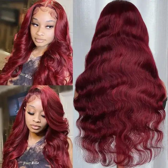 99J bordeaux dentelle avant perruque de cheveux humains vague de corps rouge couleur perruques brési