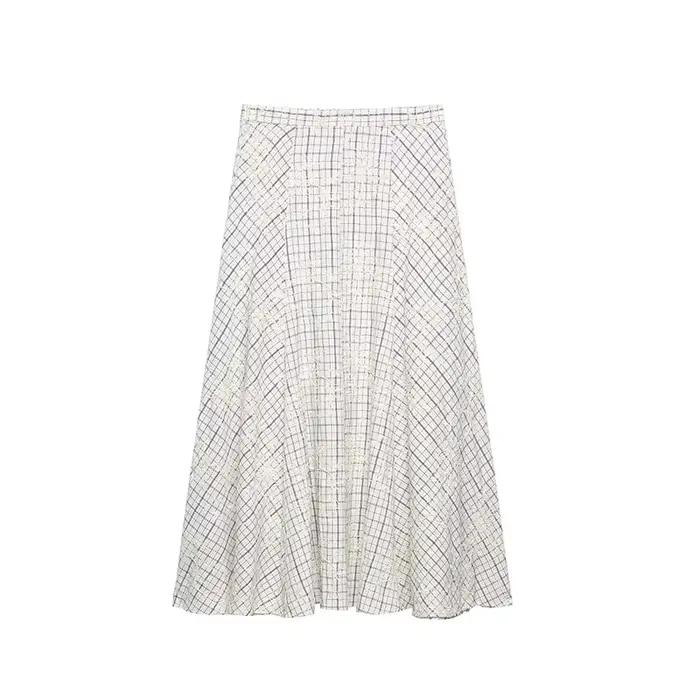 TFAFXY 2026 Ensemble d'été pour femme : Blouse brodée à carreaux avec nœud et jupe longue midi coupe