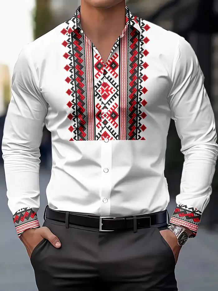 Chemise à manches longues pour hommes, imprimé géométrique, en Polyester respirant, décontracté, rev