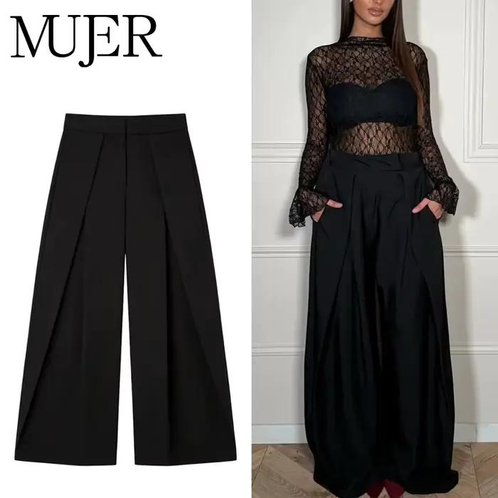Pantalon Baggy Noir Plissé à Jambes Larges Rayé Décontracté Taille Haute pour Femme Printemps