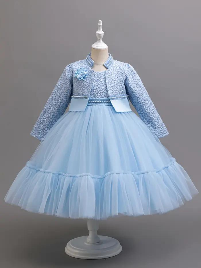 Ensemble de robe en dentelle de Lotus kaki pour filles, vêtements de princesse mignons et manteau, à