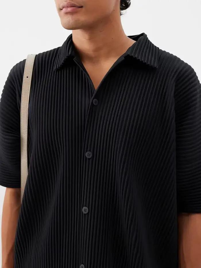 Miyake chemise à revers plissée à manches courtes t-shirt pour hommes chemise unie chemise boutonnée