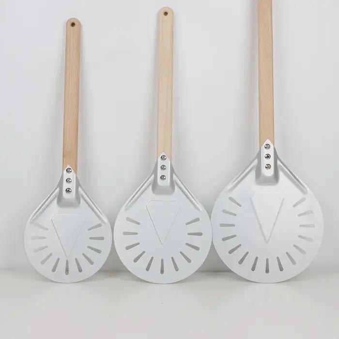 SHANGPEFATE-Pelle à Pizza Perforée UAN avec Manche en Bois Tournant, Spatules Courtes Anodisées, Out