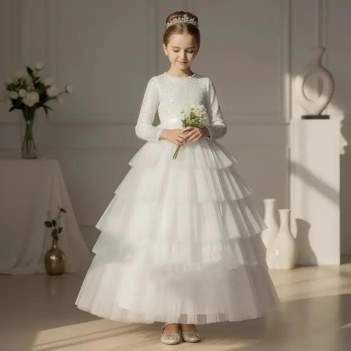 Robes de cérémonie blanches pour filles, style princesse, avec jupe à volants, pour fête, anniversai