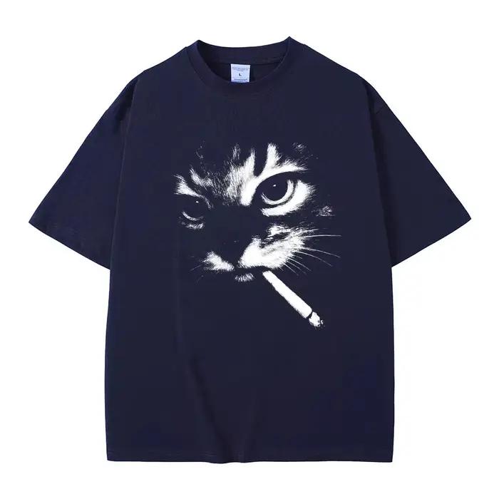 Mème drôle fumer chat visage graphique T-shirts hommes femmes décontracté coton Vintage T-shirts hom