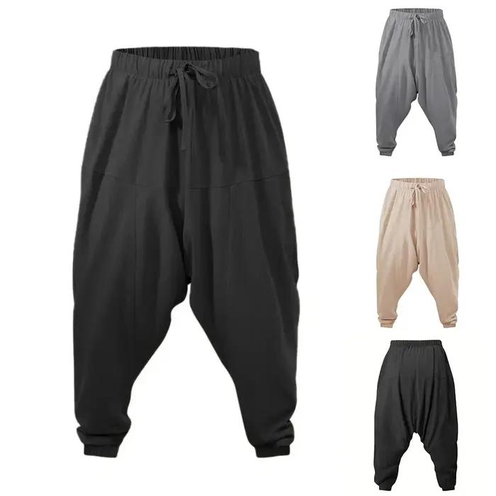 Sarouel pour hommes coton lin entrejambe bas confortable Streetwear coupe ample respirant léger pant