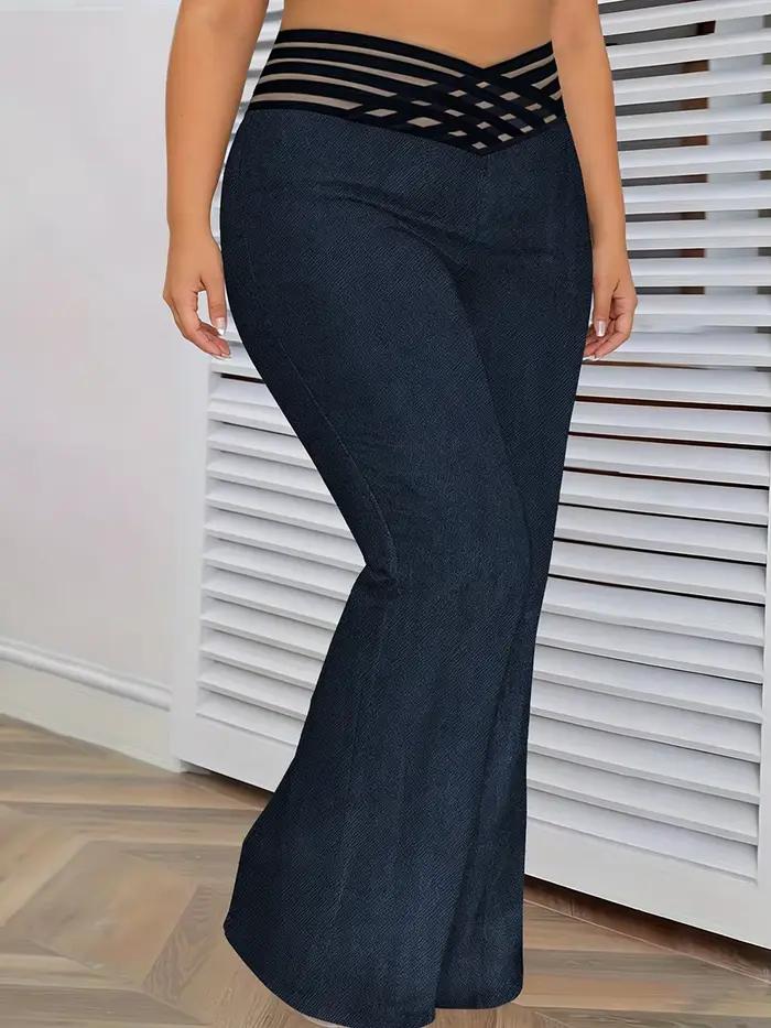 Jean pour femme grande taille, taille haute, en denim, à jambes larges, avec empiècements en maille