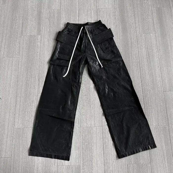 Pantalon Cargo noir à jambes larges, revêtement de teinture de cire Vintage, corne cylindrique, mult
