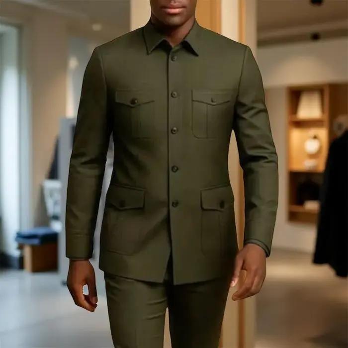 Costumes décontractés pour hommes Safari avec poches, col montant, style de mode chinois, coupe ajus